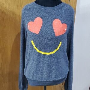 Wildfox smiley face heart eye pull over crew neck top grey